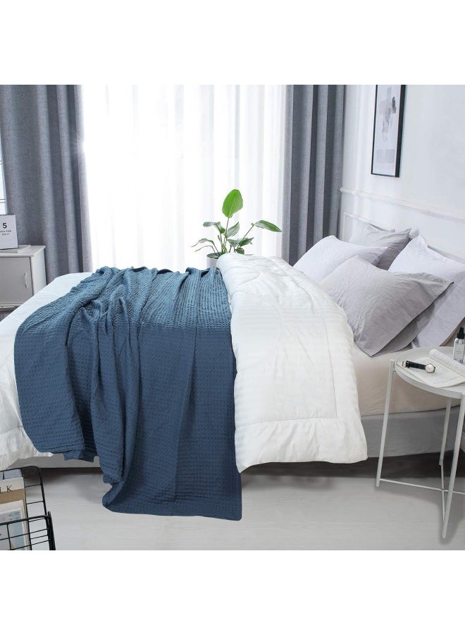 HILLFAIR 100% Combed Cotton Blanketâ€“ Queen Size Bed Blanketâ€“ Warm Soft All Season Breathable Lightweight Summer Blanketsâ€“ Waffle Weave Home Decor Bed Blanket- Navy Queen Bed Cotton Blankets/Bedcover - Image 3
